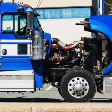 semi truck with engine open